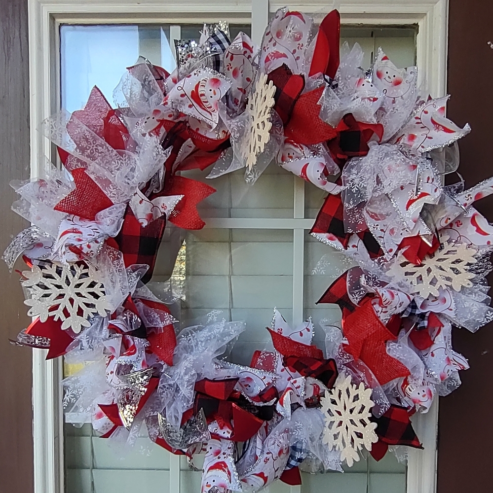 Handmade Christmas winter snowflake snowman holiday ribbon wreath